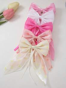 8pcs/Set Girls Floral Print Mesh Beaded Ribbon Chiffon Bowknot Hair Clips, Hair Accessories For Daily Use - Multicolor - View 2