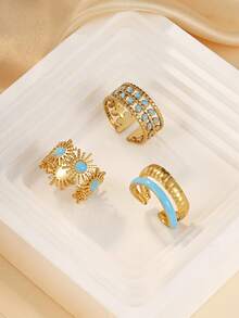 3pcs Set Minimalist Stainless Steel Light Blue Oil Drop Rings, Suitable For Women's Daily Wear Or As Gift - Yellow Gold - View 2