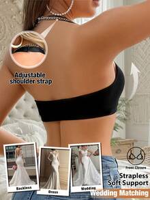 Sutiene sexy cu închidere frontală din dantelă, tip bandeau, pentru femei, lenjerie intimă cu halter, cu bretele reglabile, bralette romantice din dantelă, culoare solidă, cu umplutură detașabilă, crop top, tricotat, fără spate, lenjerie intimă, perfectă cu o rochie, sutien confortabil - Negru - Vizualizare 2