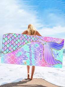 Ultrafine Fiber 250gsm Absorbent & Quick-Drying Colorful Mermaid Tail Printed Towel For Swimming, Bathing, Shawl, Cushion, Beach Towel. One Size 70*140cm Or Plus Size 90*180cm. 1pc.Summer Travel,Vacation Holiday Beach Essentials