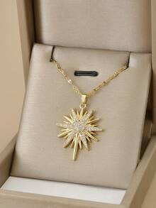 1pc Fashionable Stainless Steel Star, Sunflower & Snowflake Luxury Necklace For Women - Yellow Gold - View 1