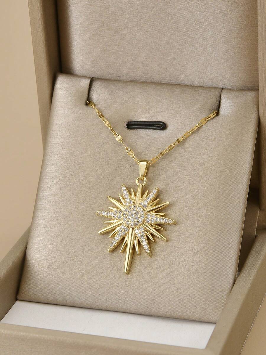 1pc Fashionable Stainless Steel Star, Sunflower & Snowflake Luxury Necklace For Women - Yellow Gold - View 1