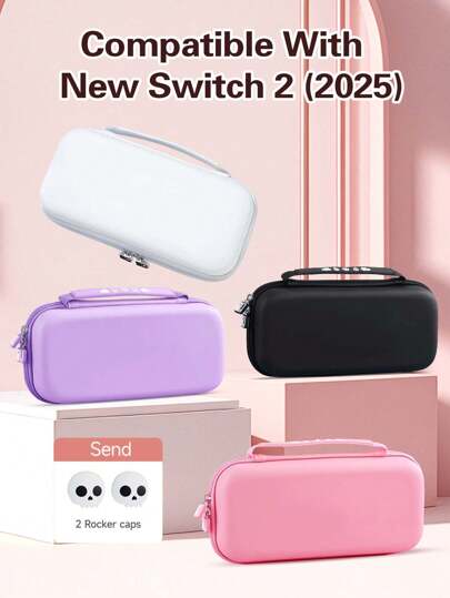 3pcs Set, Portable Carrying Case For 2 And Switch OLED, Includes 2 Skull Joystick Caps/Button Covers For Joycon, With Stand, Fits Charger, Cable, 10 Game Cards, Shock&Pressure Resistant Game Accessories