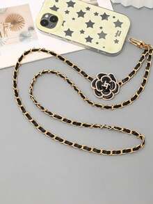 1 件仿珍珠花形金链和皮革表带，透明卡片挂绳 - 黑色 - 查看 3