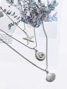 3pcs Set Fashionable Ocean Style Stainless Steel Necklace Set With Starfish/Shell/Conch Pendants, Can Be Used As Gifts - Silver - View 14