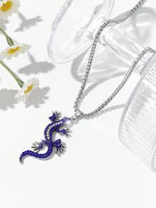 1 件时尚欧美复古独特嘻哈壁虎吊坠项链，全镶嵌水钻，适合男女休闲街头穿着 - 彩色 - 查看 13