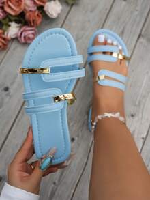 2025夏季新款女鞋，露趾白色蝴蝶花朵图案套脚鞋，时尚舒适，适合日常穿着、海滩休闲出行，是夏季的理想之选，宽楦设计。 - 淺藍色 - 查看 5