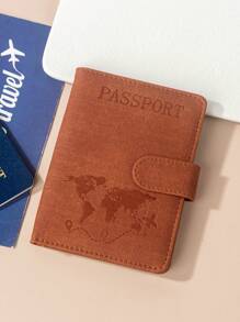 1 pieza Funda para pasaporte con acabado mate de material de PU, con mapa mundial e impresión de letras y diseño fijo, estuche/cartera/bolsa para pasaporte, artículo de viaje esencial para vacaciones, vuelos, regreso a la escuela, hombre y mujer