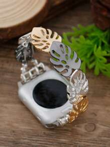 1pc Women's Bohemian Fashion Simple Monstera Zinc Alloy Elastic Bracelet Strap Compatible With Apple Watch Band 38mm 40mm 41mm 42mm 44mm 45mm 49mm S10 42mm S10 46mm, Creative Asymmetrical Hollow Leaf Shape Metal Strap Compatible With Iwatch Series Ultra 2 S10 SE 9 8 7 SE 6 5 4 3 2 1