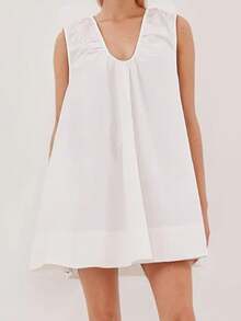 Women's V Neck Tank Dress Sleeveless Solid Color Loose Beach Dresses With Pocket - White - View 1