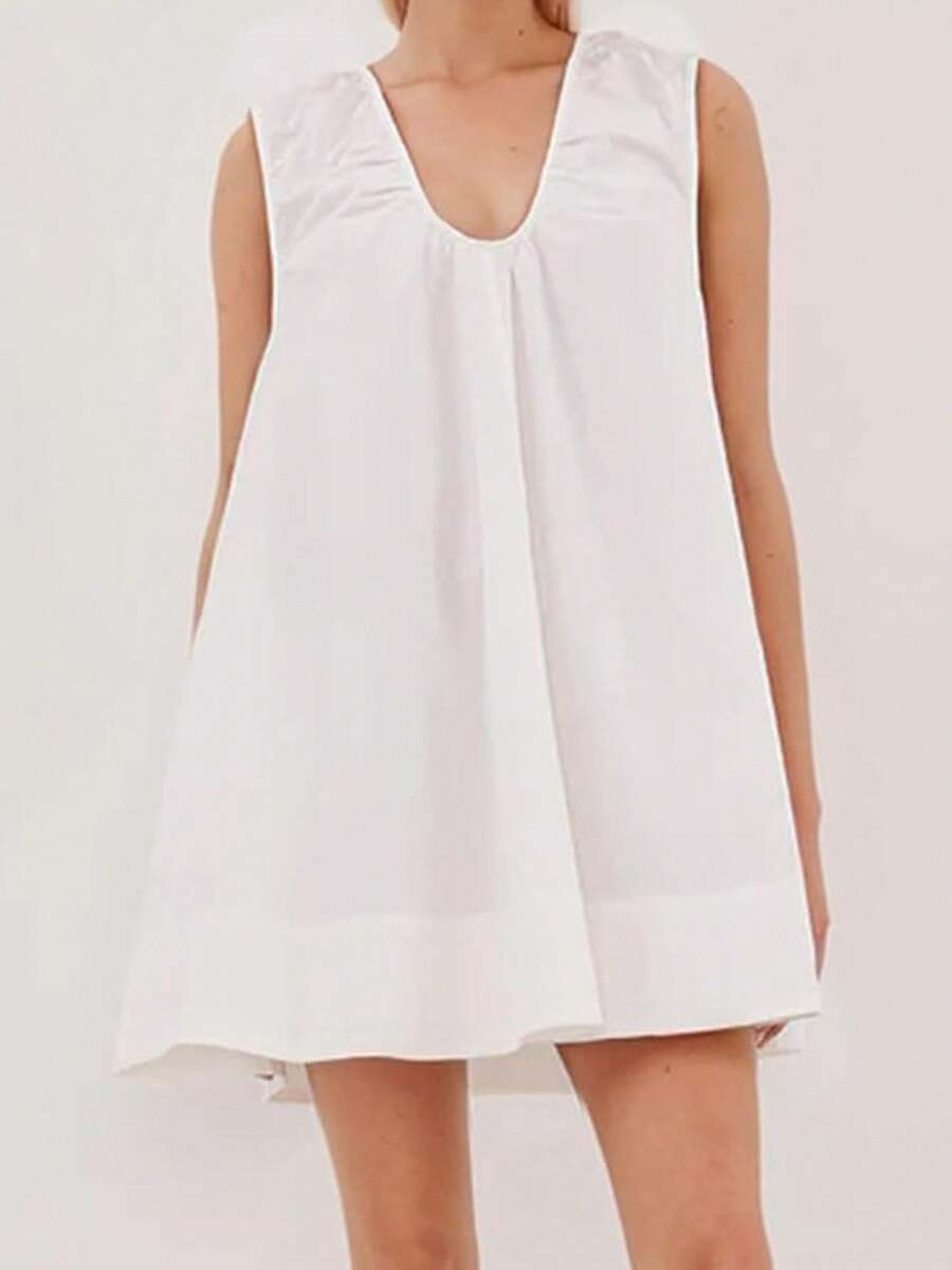 Women's V Neck Tank Dress Sleeveless Solid Color Loose Beach Dresses With Pocket - White - View 1