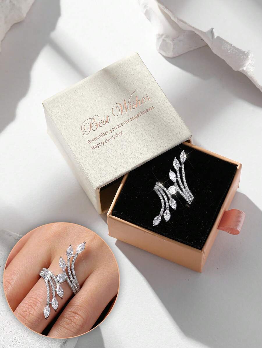 Gift Box Style Fashionable Glamour Angel Wing Cubic Zirconia Ring, Super Shiny Faux Diamond Suitable For Women Wedding, Party Wear And Holiday Gift