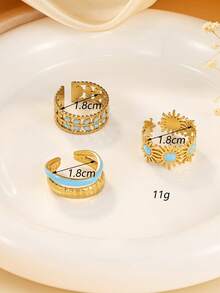 3pcs Set Minimalist Stainless Steel Light Blue Oil Drop Rings, Suitable For Women's Daily Wear Or As Gift - Yellow Gold - View 3