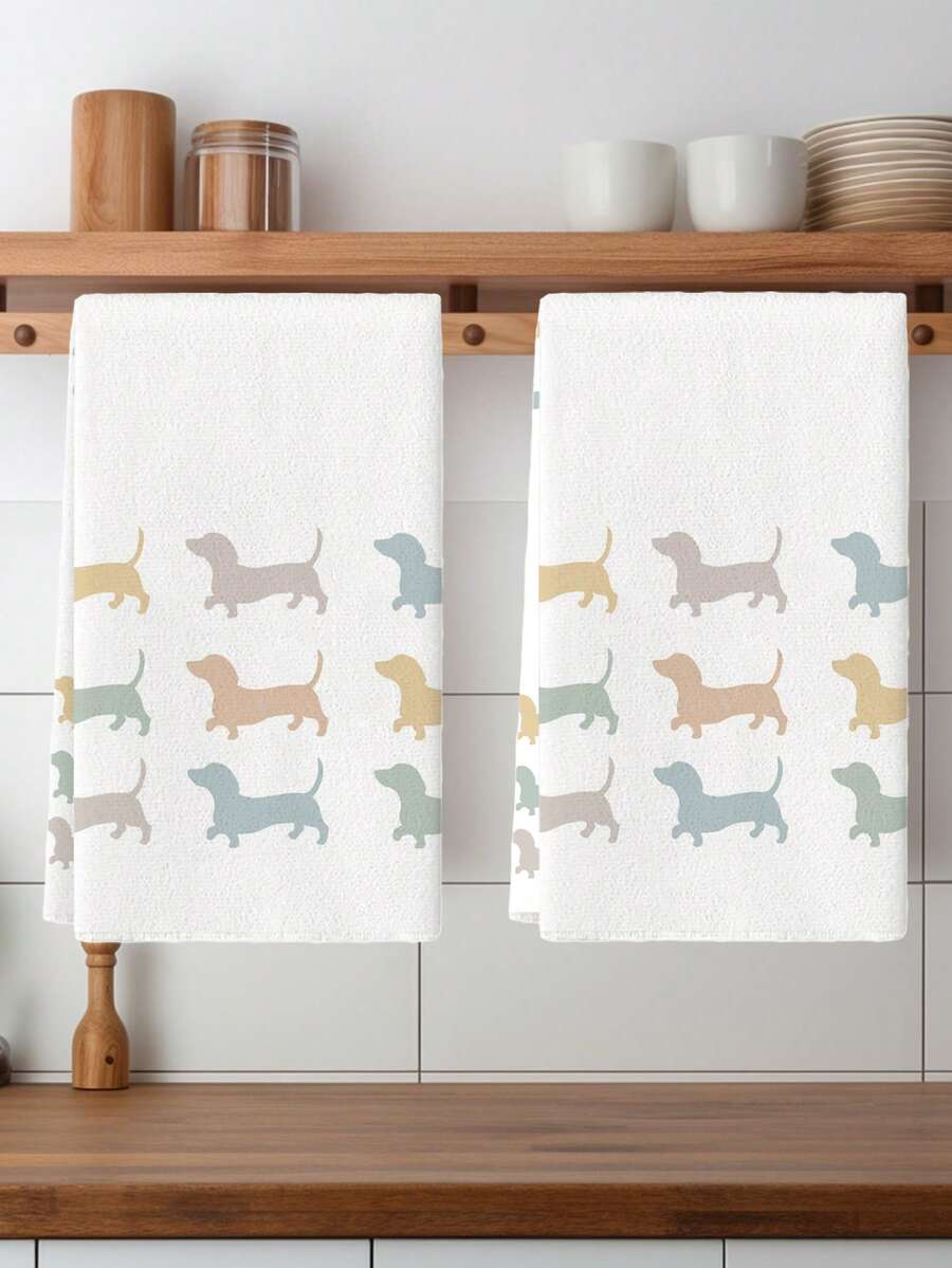 2条装狗狗图案厨房毛巾，充满温馨氛围，适合家庭聚会，可定制，采用腊肠犬设计，另有浴室毛巾可选 - 白色 - 查看 1