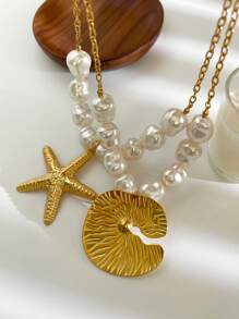 Colar com pingente de estrela do mar e folha de lótus, exclusivo, assimétrico, de aço inoxidável, inspirado no Barroco, para mulheres