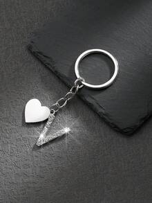 1pc Heart Shaped English Letter Keychain Pendant Accessory, Minimalist & Personalized Style With Transparent Rhinestone Inlay, Suitable For Men, Women, Couples, Car Keys, Bags And Gifts - Silver - View 14