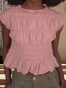 Women Tank Tops Solid Color Ruched Round Neck Casual Vests Summer Sleeveless Blouse Tops Streetwear - Pink - View 4