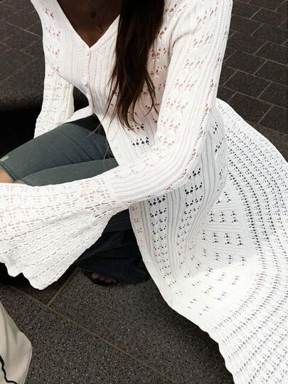 FOR BEAUTY V-Neck Long Sleeve Knit Dress, Fitted Casual Vacation Design, Hollow Out Flare Sleeve White Long Dress, Suitable For Beach, Seaside, Swimming