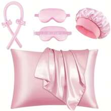 6pcs Sleep Hairstyling Tool Set, Including 1pc Hair Curler, 1pc Silk Pillowcase, 1pc Soft Sleep Eye Mask, 2pcs Hair Scrunchies, 1pc Sleep Cap, Suitable For Hair And Skin Care, Silk Heat-Free Curler Set, Overnight Hair Curler