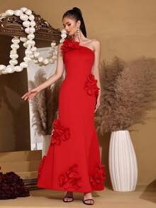 Modphy Váy xòe lớn không tay bất đối xứng trang trí hoa 3D thanh lịch mới, dành cho khách dự tiệc cưới, phù dâu, tiệc ngày lễ, váy dạ hội trang trọng dành cho nữ - Đỏ - Xem 5