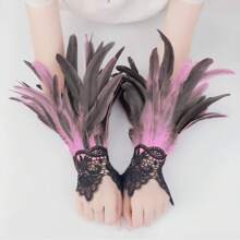 Women Lace Artificial Feather Gloves Witch Angel Costume Accessories Swan Wings Wrist Bands Halloween Accessories