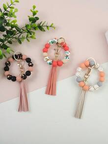 3-Piece Cute Printed Silicone Beads Solid Color Silicone Bead Beads Wrist PU Tassel Charm Keychain Bag Pendant Accessories Key Anti Loss Women's Bracelet Solo PU Tassel Pendant Gift For Friends, Relatives, And Friends Mother's Day Gift - Nhiều màu - Xem 2