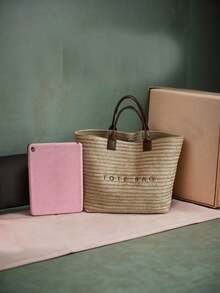 大容量休闲度假草编手提包，简约优雅女士单肩手提包 - 卡其色 - 查看 4