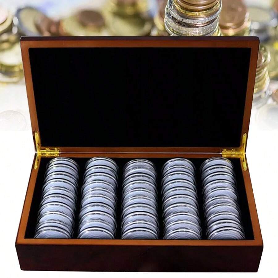50pcs 46MM Coin Capsules Storage Box & Wooden Case Holders Collection Display UK - Brown - View 1