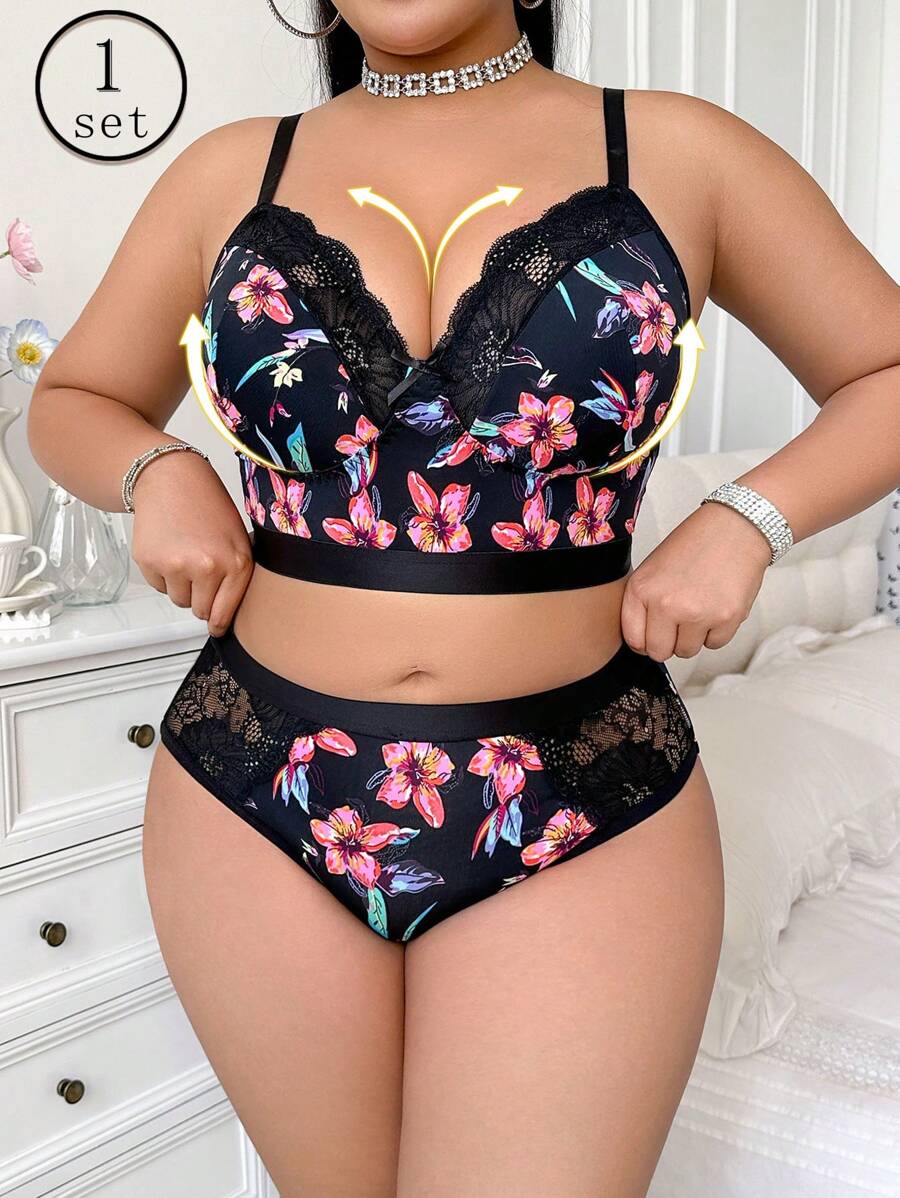 Plus Size Floral Print Lace Patchwork Lingerie Set