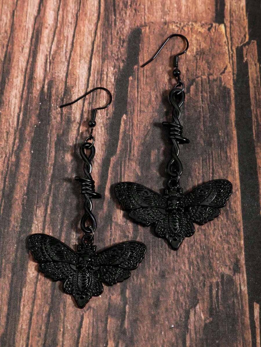Aretes colgantes con diseños de calavera, mariposa, polilla y espina en estilo gótico retro - Negro - Ver 1