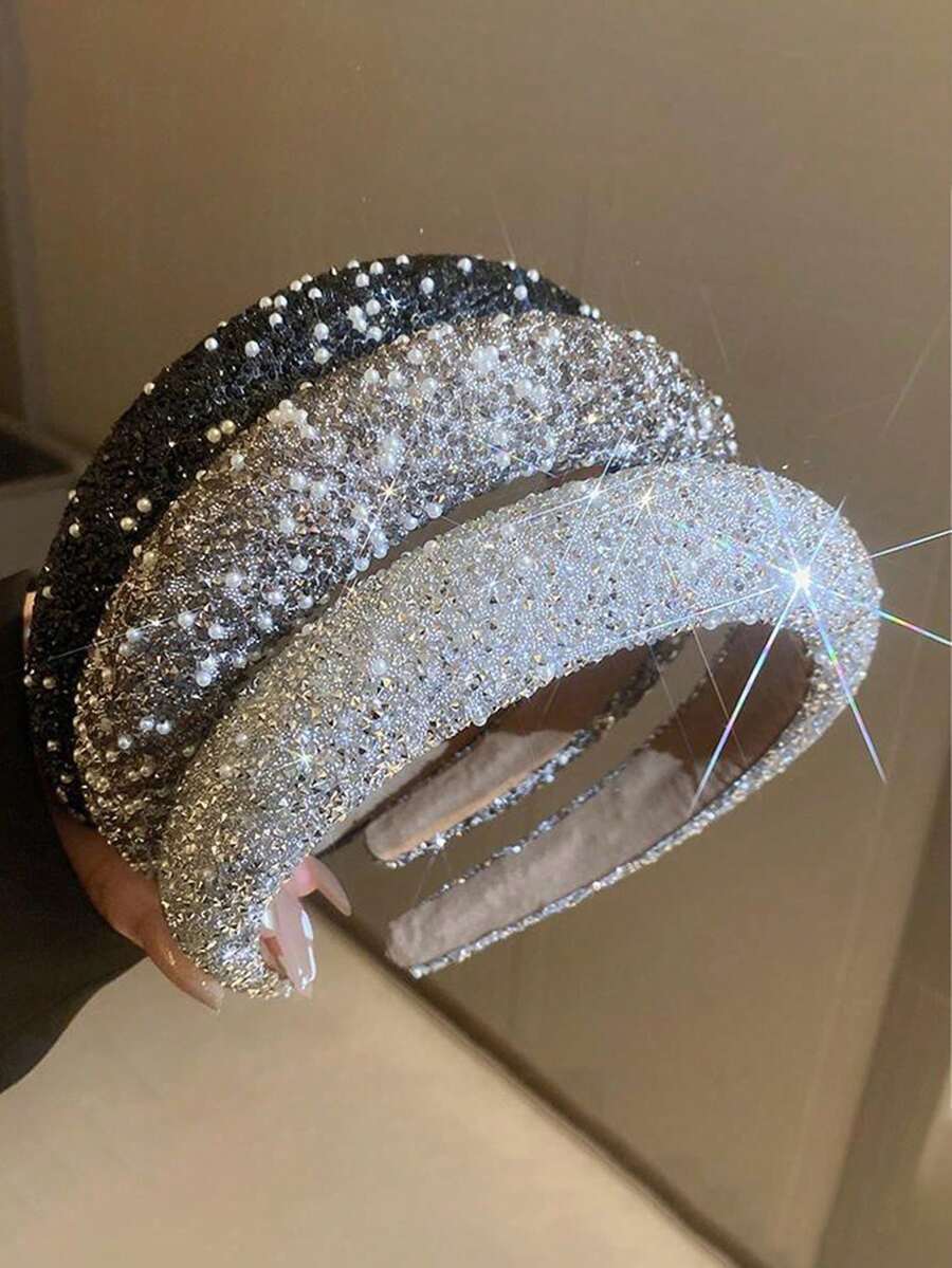 1pc Korean Elegant Luxury Rhinestone Wide-Edge Headband, Women Foam Heightening Crown Washing Face Hairband, Suitable For Party & Daily Use ,Head Piece - Multicolor - View 1