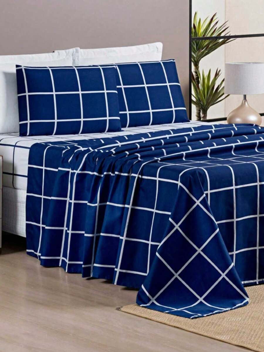 4-Piece King\Queen\Double\3-Piece Single Bed Set 200 Thread Count Percale Austin Print - 藏蓝色 - 查看 1