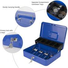 Caja de caudales con cerradura de combinación, caja de dinero con bandeja para efectivo, caja con llave, organizador de ahorro de dinero, 30 x 24 x 9 cm, azul extra grande - Cerradura de llave azul - Ver 3