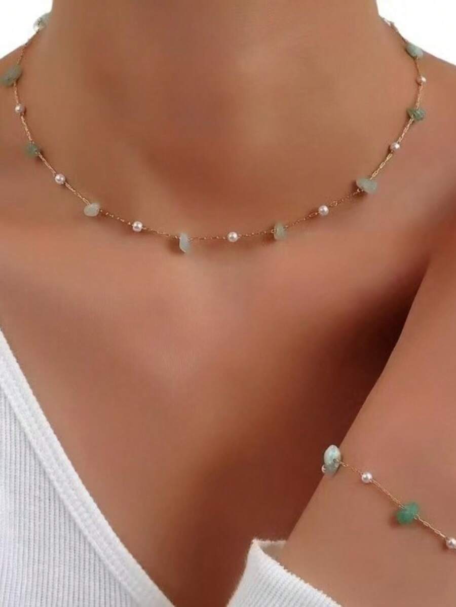 1 Set Fashionable Minimalist Beaded Necklace And Bracelet & Finger Ring Elegant Delicate Jewelry Set