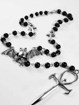 1 pieza Collar con colgante de metal y resina de estilo geométrico multicolor con forma de murciélago, cruz y espada, con cuentas, adecuado para fiestas, uso diario, Halloween, joyería y accesorios de disfraz