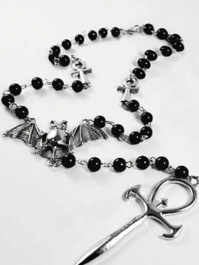 1 pieza Collar con colgante de metal y resina de estilo geométrico multicolor con forma de murciélago, cruz y espada, con cuentas, adecuado para fiestas, uso diario, Halloween, joyería y accesorios de disfraz
