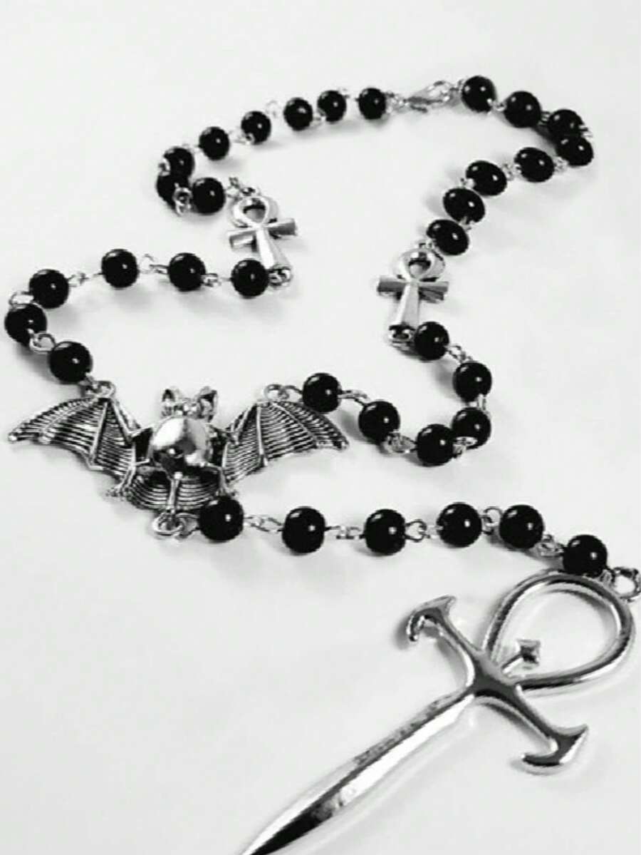 1 件时尚个性化金属树脂多色几何蝙蝠十字剑串珠吊坠项链，适合派对、日常佩戴、万圣节、珠宝、服装配饰 - 彩色 - 查看 1