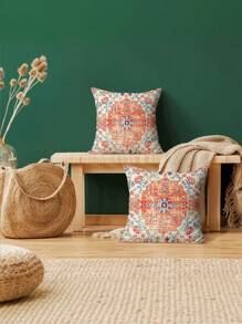 1/2/4pcs Bohemian Vintage Carpet Pattern Pillow Covers In Orange And Blue Design For Decorative Farmhouse, Couch, Garden (No Insert)