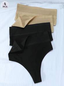 4pcs/Set Women's High Waist Pure Cotton Breathable Tummy Control Thong Panties