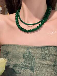 1pc Retro Minimalist Beaded Necklace, 3 Colors Available (Red, Emerald Green, Light Blue), Choker & Collarbone Styles, Suitable For Women's Daily Or Holiday Wear