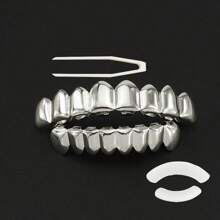 1 peça/2 peças Grillz de dentes com glitter de Hip-Hop, Cor Dourada com 8 dentes superior e inferior, Acessórios de fantasia de rapper unissex para festa de Halloween