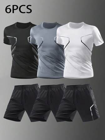 YINGHU Set de 6 piezas de ropa deportiva para hombres, ropa para correr, ciclismo y fitness, camiseta de manga corta transpirable de seda de hielo, ropa deportiva de secado rápido, conjunto de baloncesto