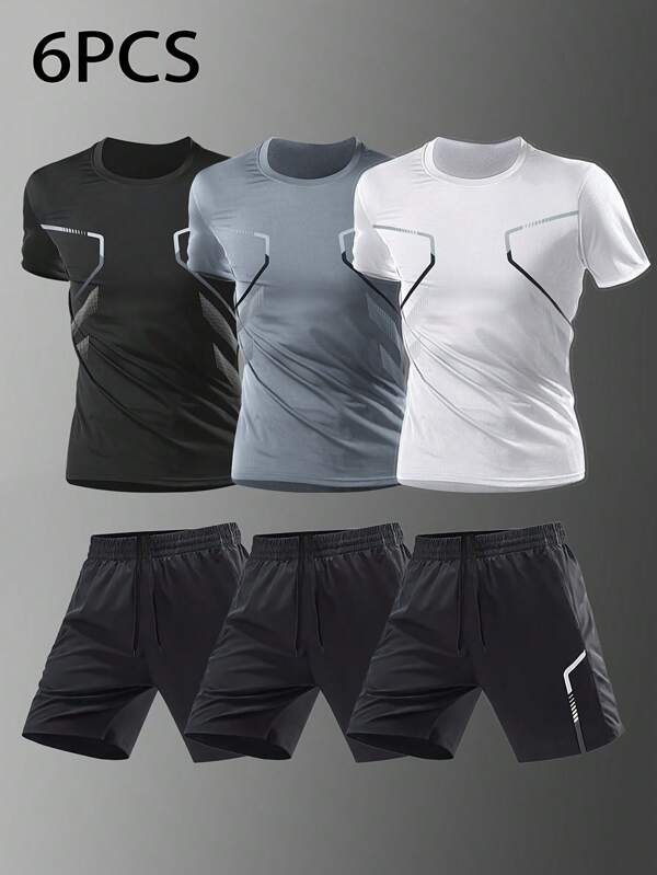 6pcs Sports Suit For Men, Running Cycling Fitness Clothes, Breathable Short Sleeve IceSilk T-Shirt, Quick Dry Sportswear Basketball Set