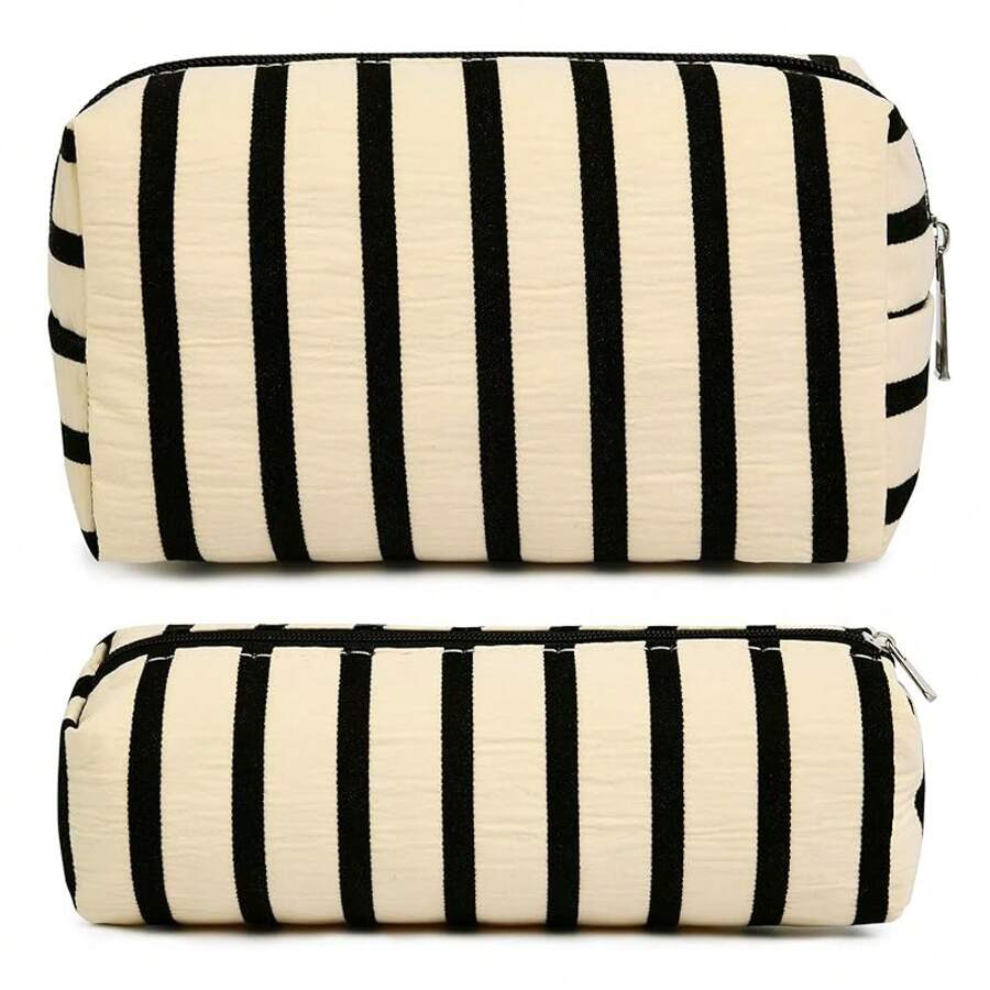 Checkered Makeup Bag Preppy Cosmetic Bag Bulk Blue Makeup Pouch Travel Toiletry Bag Organizer Cute Makeup Brushes Storage Bag Women Fashion - 白色條紋 - 查看 1