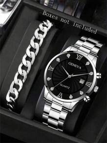 2PCS Silver Alloy Strap Men's Watch Set Fashion Simple Style Round Dial With Calendar Quartz Watch Bracelet Set Suitable For Daily Clothing Matching With Festival Gifts
