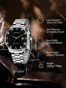 2PCS Silver Alloy Strap Men's Watch Set Fashion Simple Style Round Dial With Calendar Quartz Watch Bracelet Set Suitable For Daily Clothing Matching With Festival Gifts