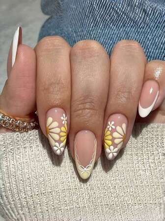 24 قطعة/عبوة أظافر زائفة بتصميم الزهور البيضاء الداوودية الفاتحة، بشريط زخرفي، بطابع فتاة حلوة، لوازم الأظافر