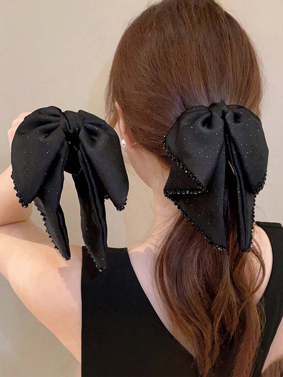 1pc Korean Elegant Black Satin Double Layer Ponytail Clip, Fashionable Women's Hair Clip With Beaded Tassel, Starry Sky & Bow Design