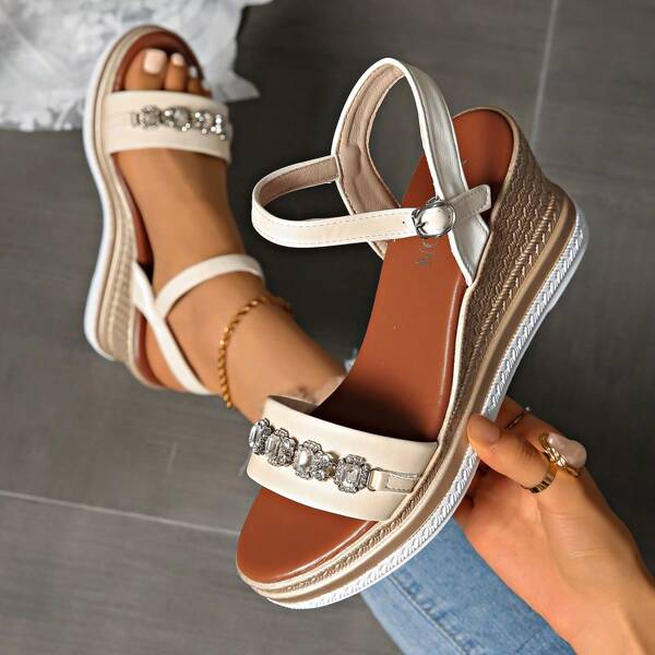 Women's Round Toe Crystal Studded Wedge Platform Comfortable Outdoor Sandals, Fashionable House Slippers With Hook Fastener