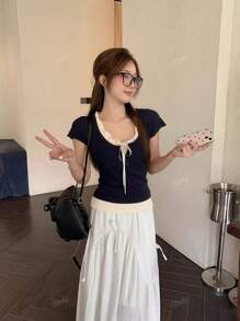 Summer Tie-Up Color Block 2 In 1 Short Sleeve T-Shirt, Design Details, Ruffle Hem, Slim Fit, Textured Ladies Top
